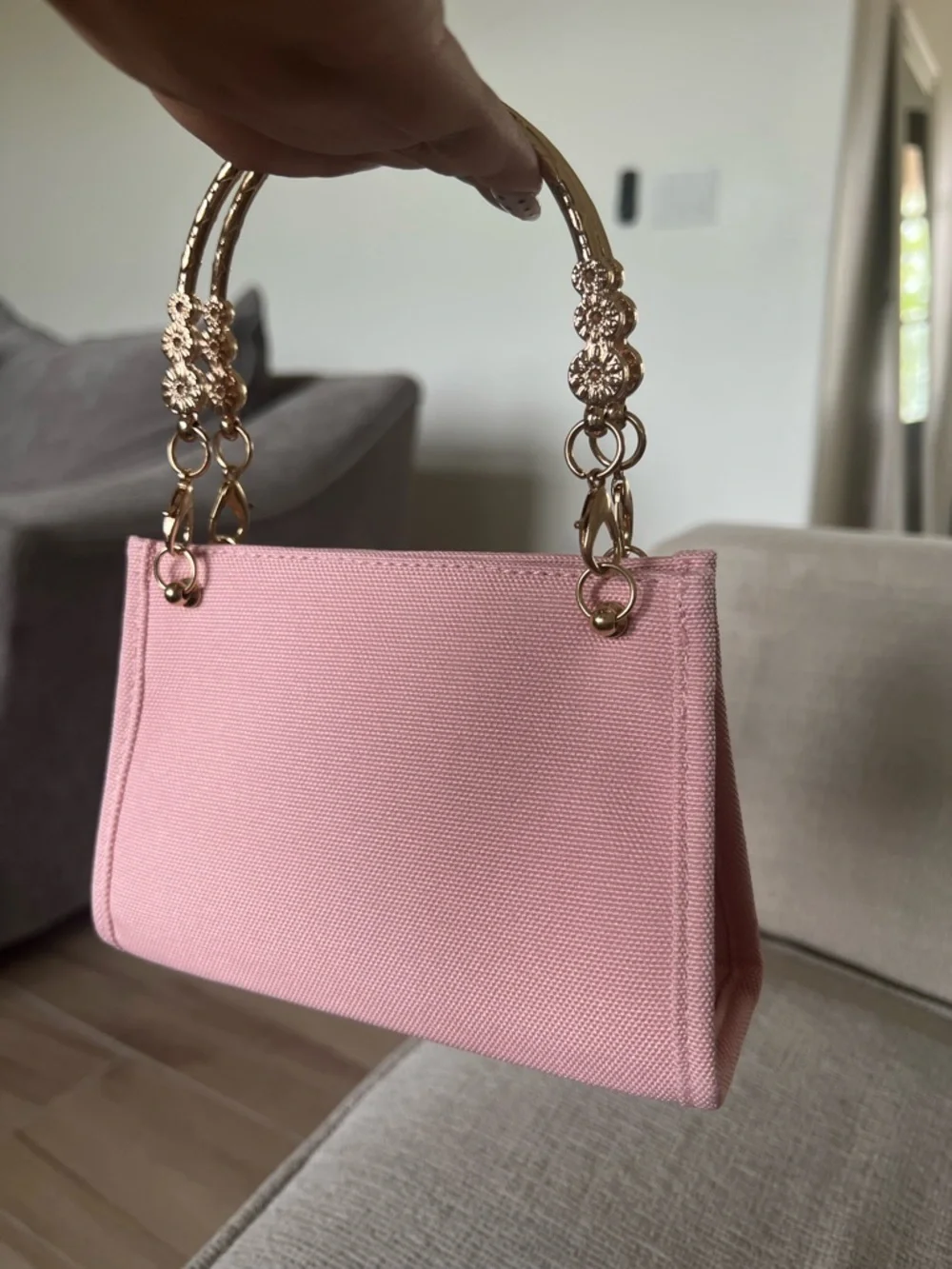 Dior Pink Mini Top-Handle Canvas Bag with Gold Floral Handle - Picture 2 of 4